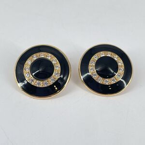 Monet Enamel Rhinestone Clip-On Earrings Gold Tone Black Round 1 1/8” Vintage